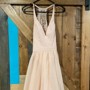 Pink, lace back, short dress.